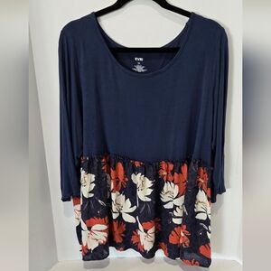 EVRI Modern Tee 3/4 Sleeve Peplum Top – Blue & Floral – Plus Size 1x